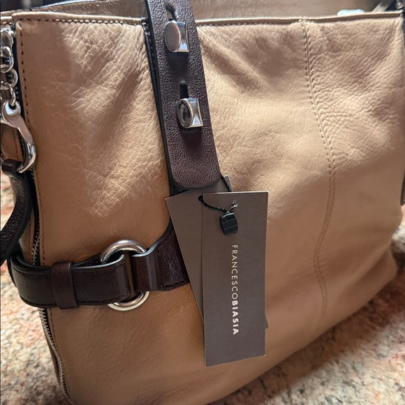 Francesco Biasia Beige Leather Shoulder Bag with Dark Brown Straps